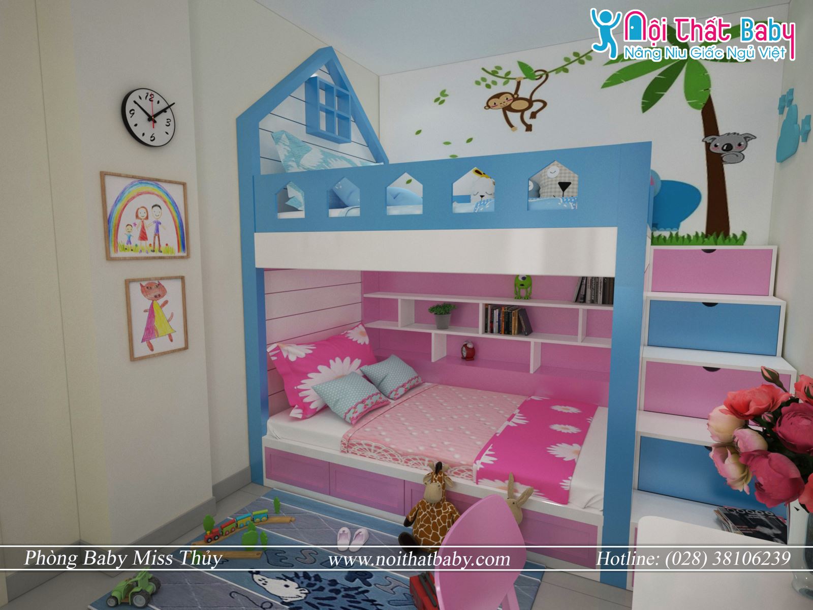 Giường tầng trẻ em màu hồng xanh đẹp 